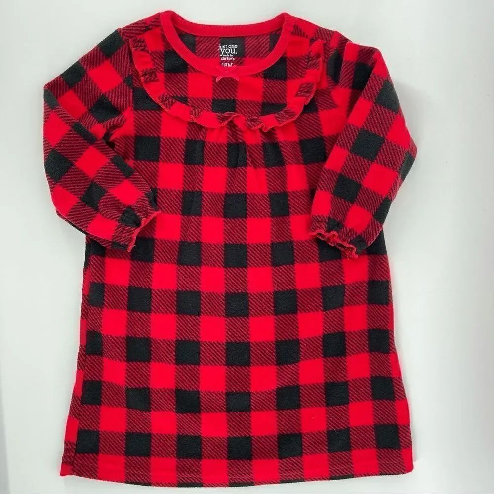 Carter’s Baby Girl’s Red Black Buffalo Plaid Fleece Nightgown Dress 18 Months